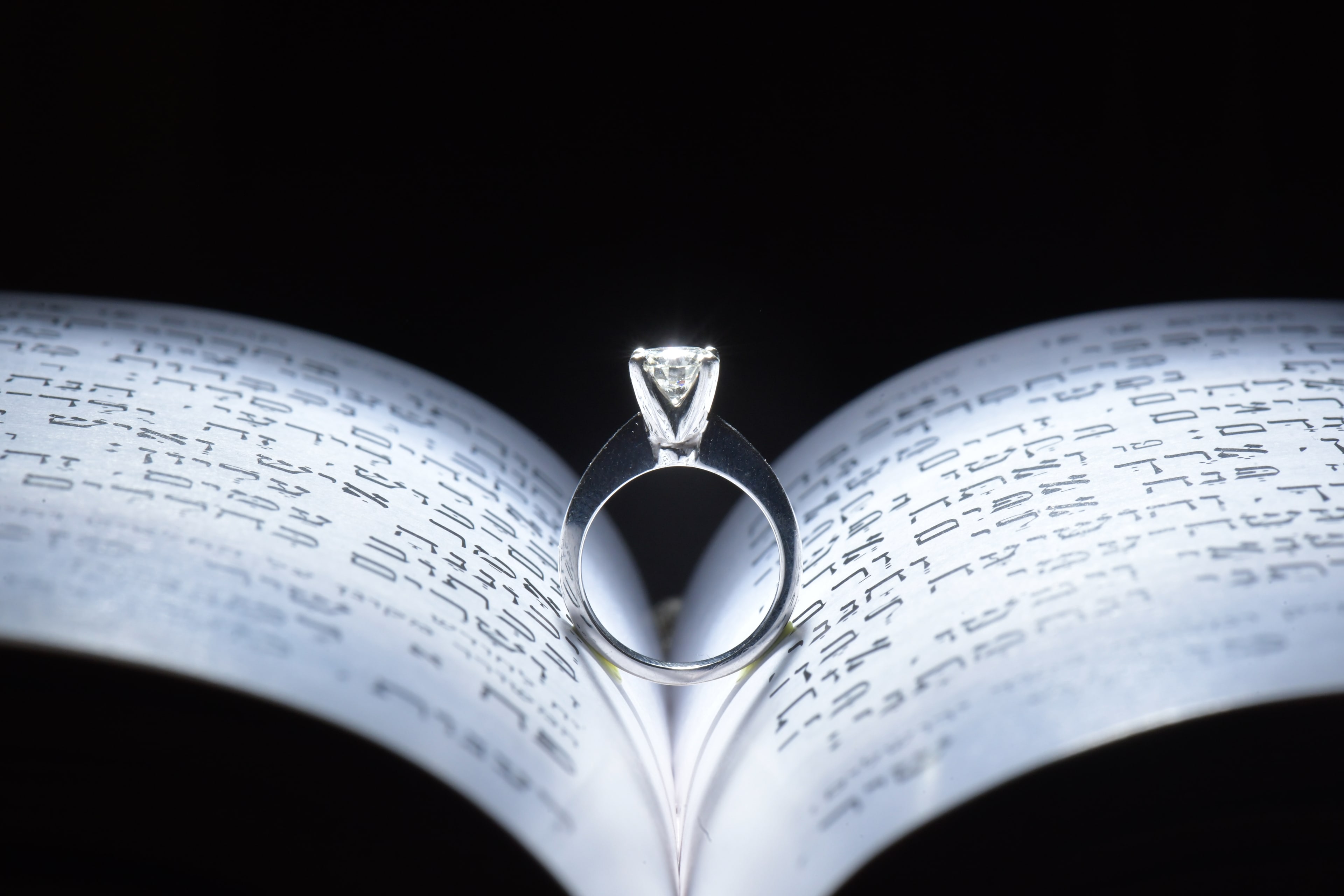 Rings on open prayer book — wedding detail